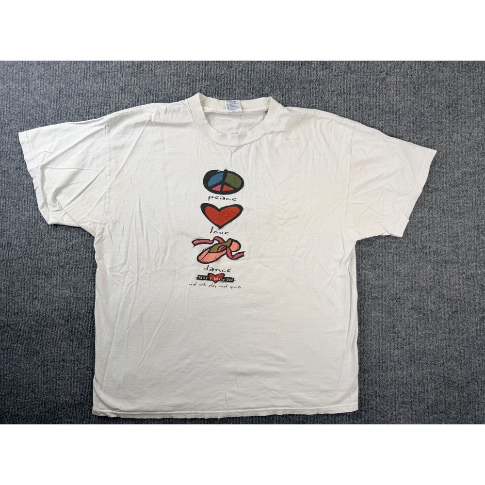 Vintage 90s Girl World Graphic Tee XL White Cotton Peace Love Dance Shirt Stains